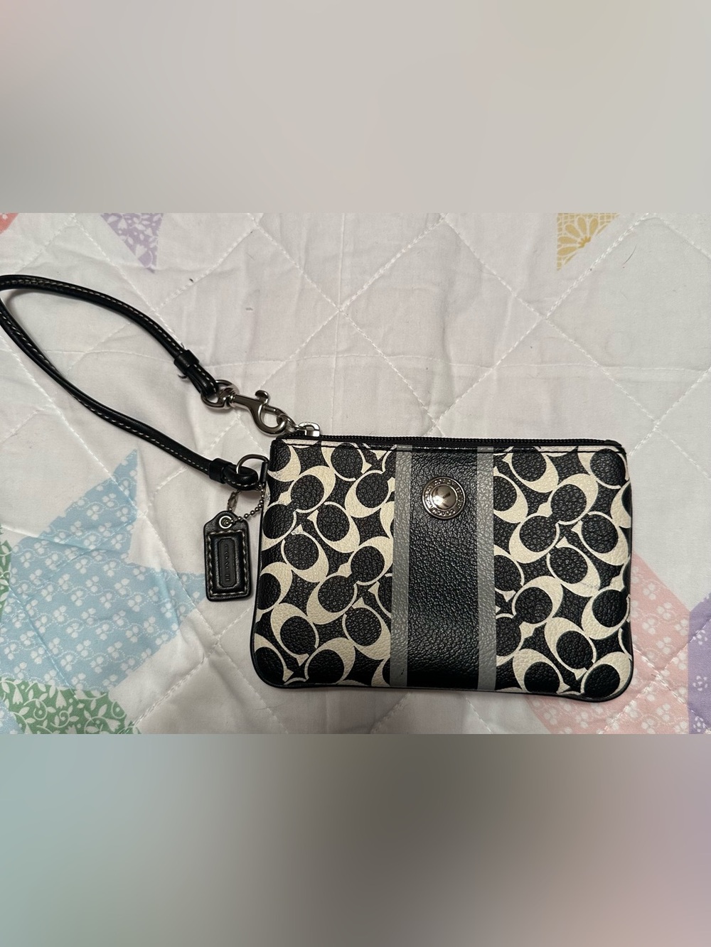 Coach Black and White Signature Wristlet with Stripe Detail